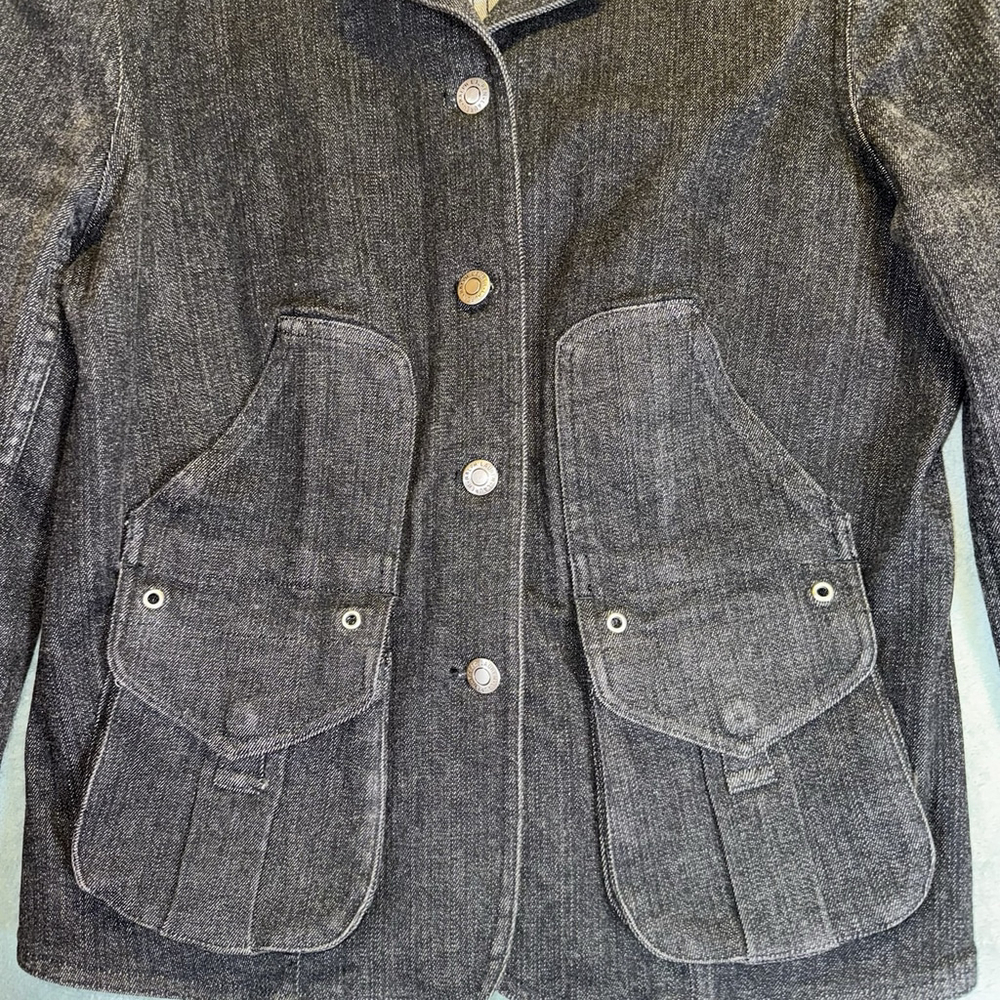 Vtg Ralph Lauren 6 Pocket Skirted Pleat Back Thick Black Denim Jacket Petite M - Picture 4 of 10